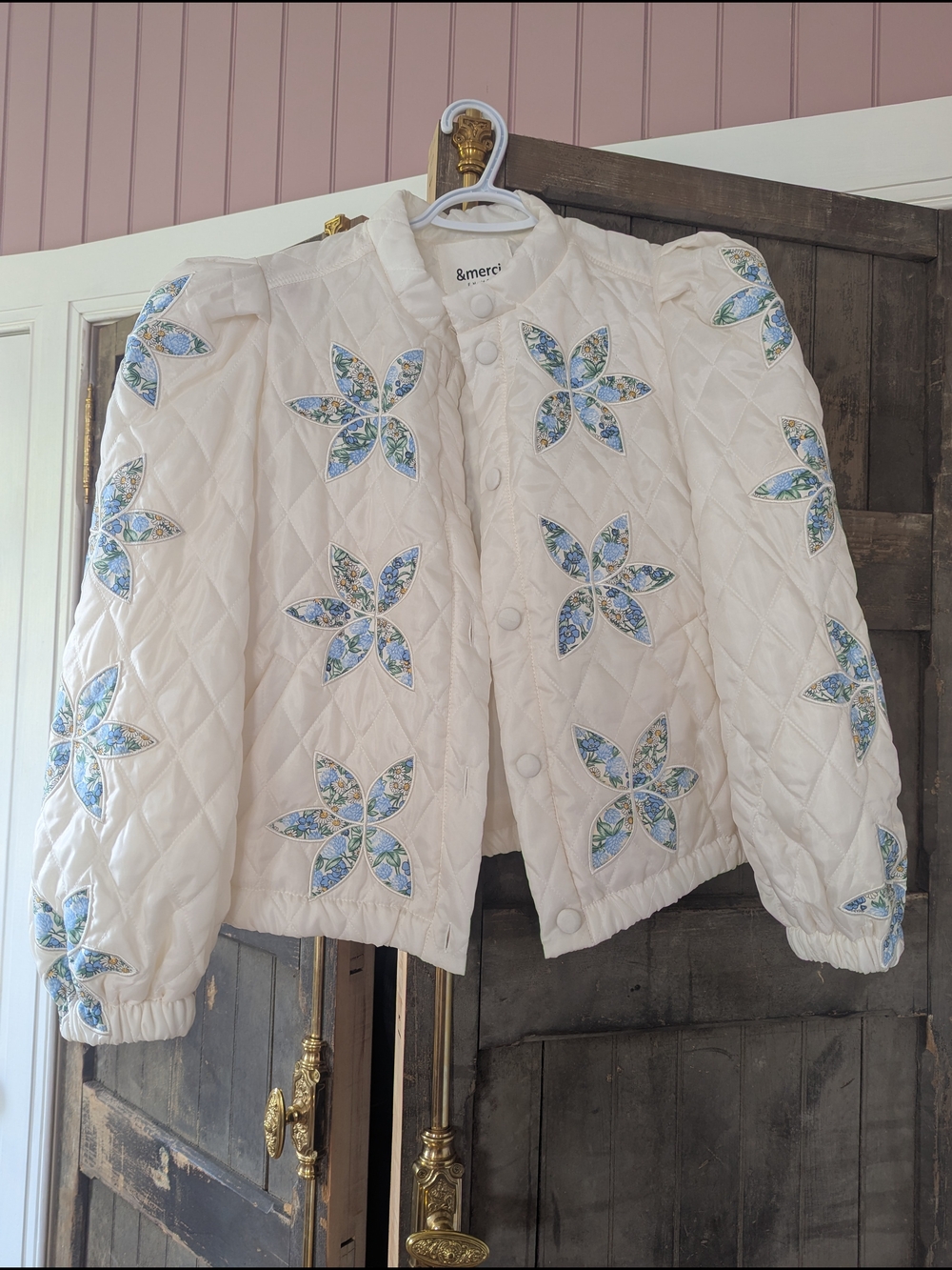 Free People Cream Quilted Jacket with Blue Floral Appliqués